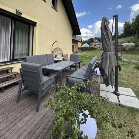 Aluminiowe meble na taras dla 8 osób z 2 sofami i stołem 180x80 - Tavaro Grande Antracite