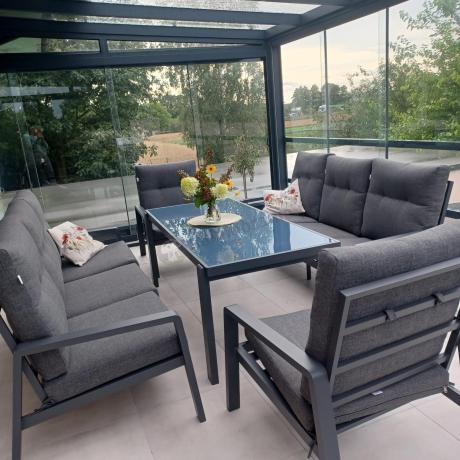 Aluminiowe meble na taras dla 8 osób z 2 sofami i stołem 180x80 - Tavaro Grande Antracite