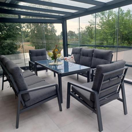 Aluminiowe meble na taras dla 8 osób z 2 sofami i stołem 180x80 - Tavaro Grande Antracite