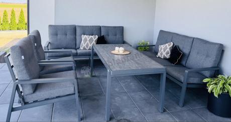 Aluminiowe meble na taras dla 8 osób z 2 sofami i stołem 180x80 - Tavaro Grande Antracite