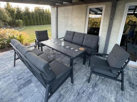 Aluminiowe meble na taras dla 8 osób z 2 sofami i stołem 180x80 - Tavaro Grande Antracite