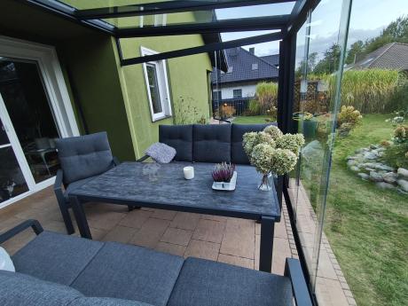 Aluminiowe meble na taras dla 8 osób z 2 sofami i stołem 180x80 - Tavaro Grande Antracite