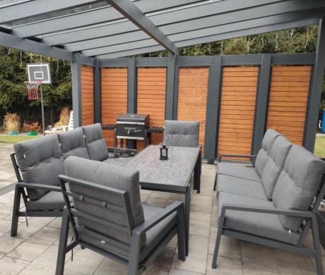 Aluminiowe meble na taras dla 8 osób z 2 sofami i stołem 180x80 - Tavaro Grande Antracite