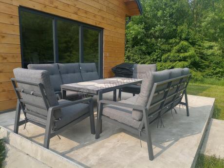 Aluminiowe meble na taras dla 8 osób z 2 sofami i stołem 180x80 - Tavaro Grande Antracite
