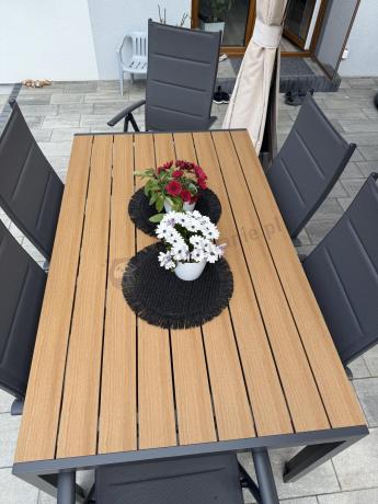 Aluminiowe meble obiadowe - stół 150cm i 6 składanych krzeseł - Kanbery Wood Antracite 6+1