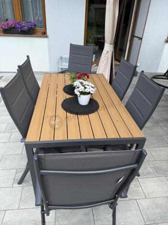 Aluminiowe meble obiadowe - stół 150cm i 6 składanych krzeseł - Kanbery Wood Antracite 6+1