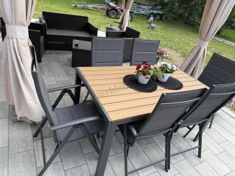 Aluminiowe meble obiadowe - stół 150cm i 6 składanych krzeseł - Kanbery Wood Antracite 6+1