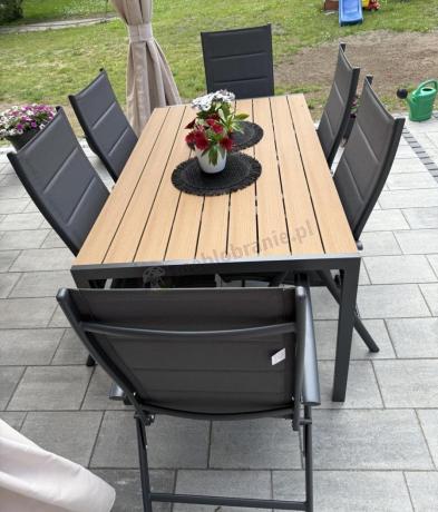 Aluminiowe meble obiadowe - stół 150cm i 6 składanych krzeseł - Kanbery Wood Antracite 6+1