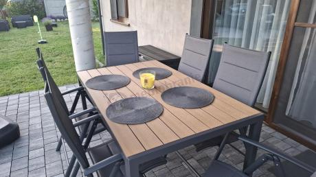 Aluminiowe meble obiadowe - stół 150cm i 6 składanych krzeseł - Kanbery Wood Antracite 6+1