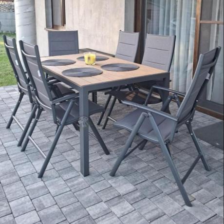 Aluminiowe meble obiadowe - stół 150cm i 6 składanych krzeseł - Kanbery Wood Antracite 6+1