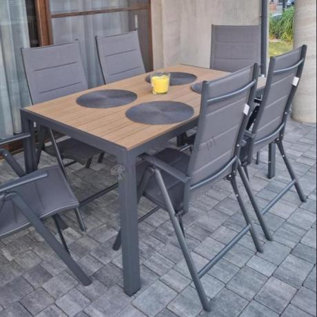 Aluminiowe meble obiadowe - stół 150cm i 6 składanych krzeseł - Kanbery Wood Antracite 6+1