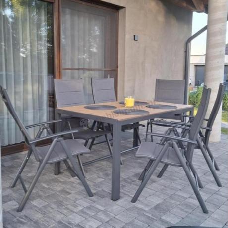 Aluminiowe meble obiadowe - stół 150cm i 6 składanych krzeseł - Kanbery Wood Antracite 6+1
