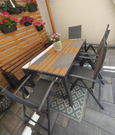 Aluminiowe meble obiadowe - stół 150cm i 6 składanych krzeseł - Kanbery Wood Antracite 6+1