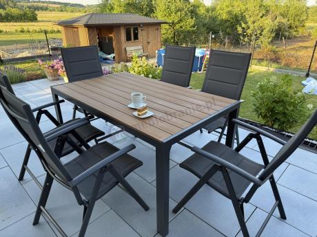 Aluminiowe meble obiadowe - stół 150cm i 6 składanych krzeseł - Kanbery Wood Antracite 6+1