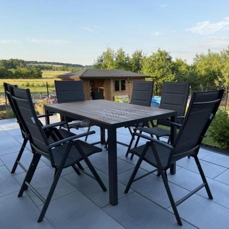 Aluminiowe meble obiadowe - stół 150cm i 6 składanych krzeseł - Kanbery Wood Antracite 6+1
