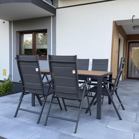 Aluminiowe meble obiadowe - stół 150cm i 6 składanych krzeseł - Kanbery Wood Antracite 6+1