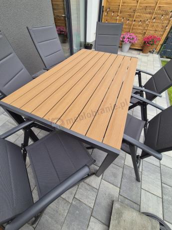 Aluminiowe meble obiadowe - stół 150cm i 6 składanych krzeseł - Kanbery Wood Antracite 6+1