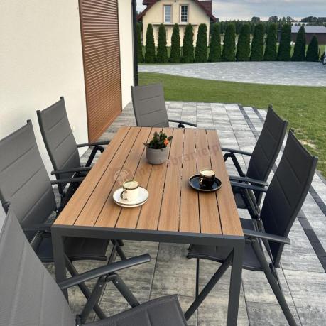 Aluminiowe meble obiadowe - stół 150cm i 6 składanych krzeseł - Kanbery Wood Antracite 6+1