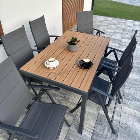 Aluminiowe meble obiadowe - stół 150cm i 6 składanych krzeseł - Kanbery Wood Antracite 6+1