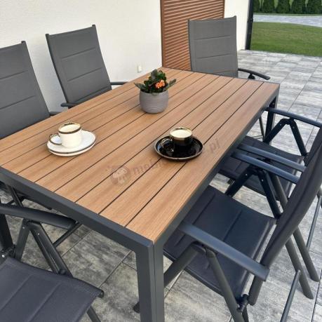 Aluminiowe meble obiadowe - stół 150cm i 6 składanych krzeseł - Kanbery Wood Antracite 6+1