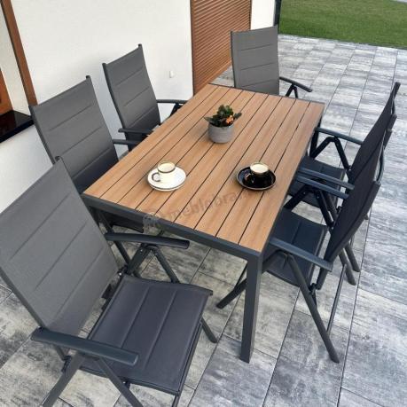 Aluminiowe meble obiadowe - stół 150cm i 6 składanych krzeseł - Kanbery Wood Antracite 6+1