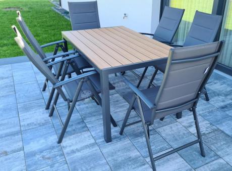 Aluminiowe meble obiadowe - stół 150cm i 6 składanych krzeseł - Kanbery Wood Antracite 6+1