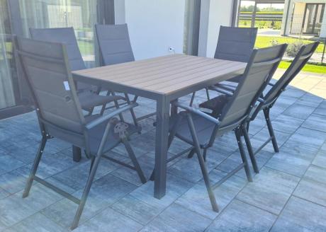 Aluminiowe meble obiadowe - stół 150cm i 6 składanych krzeseł - Kanbery Wood Antracite 6+1
