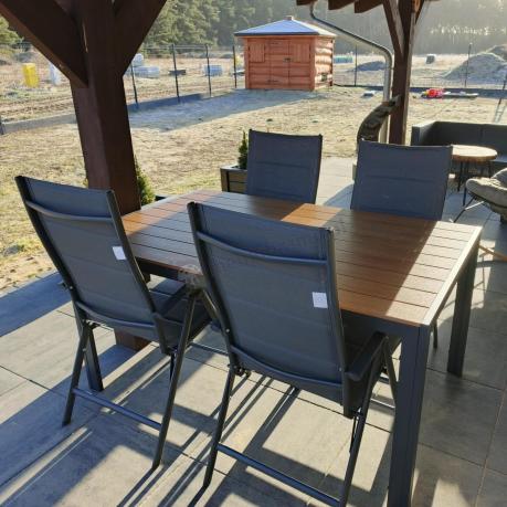 Aluminiowe meble obiadowe - stół 150cm i 6 składanych krzeseł - Kanbery Wood Antracite 6+1