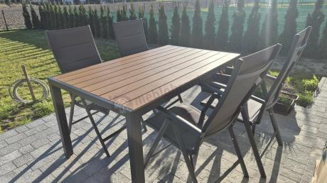Aluminiowe meble obiadowe - stół 150cm i 6 składanych krzeseł - Kanbery Wood Antracite 6+1