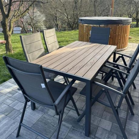 Aluminiowe meble obiadowe - stół 150cm i 6 składanych krzeseł - Kanbery Wood Antracite 6+1