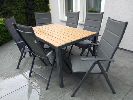 Aluminiowe meble obiadowe - stół 150cm i 6 składanych krzeseł - Kanbery Wood Antracite 6+1