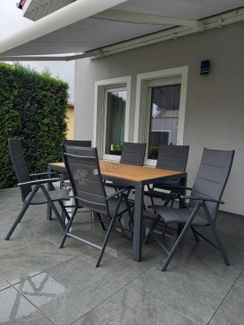 Aluminiowe meble obiadowe - stół 150cm i 6 składanych krzeseł - Kanbery Wood Antracite 6+1