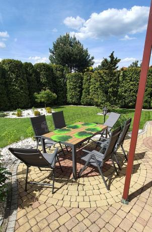 Aluminiowe meble obiadowe - stół 150cm i 6 składanych krzeseł - Kanbery Wood Antracite 6+1