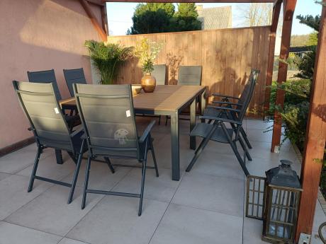 Aluminiowe meble obiadowe - stół 150cm i 6 składanych krzeseł - Kanbery Wood Antracite 6+1