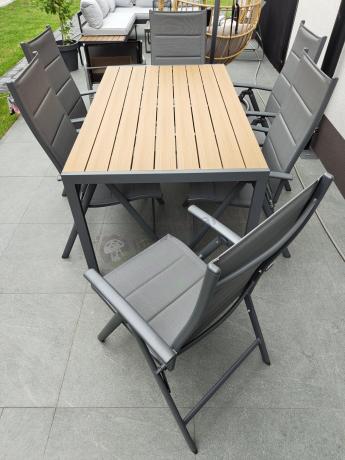 Aluminiowe meble obiadowe - stół 150cm i 6 składanych krzeseł - Kanbery Wood Antracite 6+1