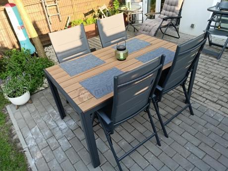Aluminiowe meble obiadowe - stół 150cm i 6 składanych krzeseł - Kanbery Wood Antracite 6+1
