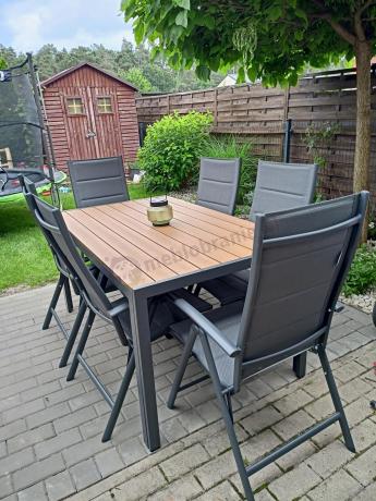 Aluminiowe meble obiadowe - stół 150cm i 6 składanych krzeseł - Kanbery Wood Antracite 6+1