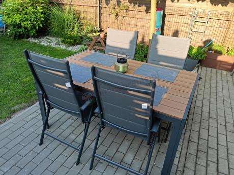 Aluminiowe meble obiadowe - stół 150cm i 6 składanych krzeseł - Kanbery Wood Antracite 6+1