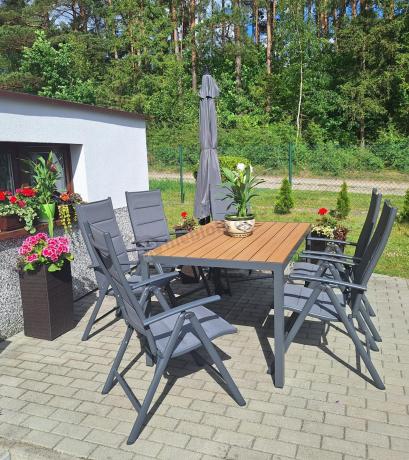Aluminiowe meble obiadowe - stół 150cm i 6 składanych krzeseł - Kanbery Wood Antracite 6+1