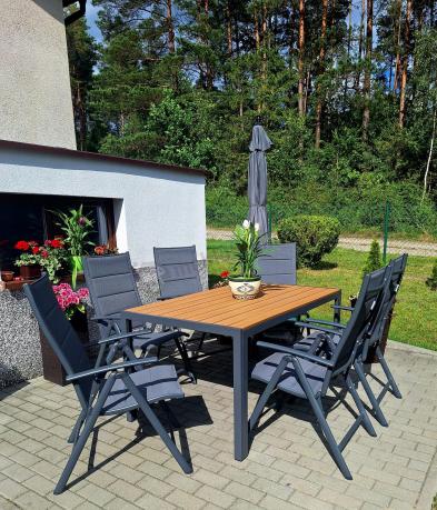 Aluminiowe meble obiadowe - stół 150cm i 6 składanych krzeseł - Kanbery Wood Antracite 6+1