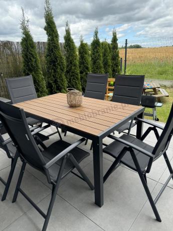 Aluminiowe meble obiadowe - stół 150cm i 6 składanych krzeseł - Kanbery Wood Antracite 6+1