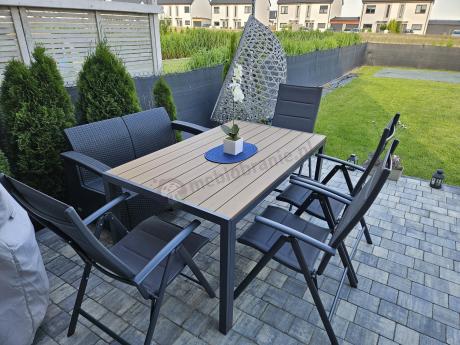 Aluminiowe meble obiadowe - stół 150cm i 6 składanych krzeseł - Kanbery Wood Antracite 6+1