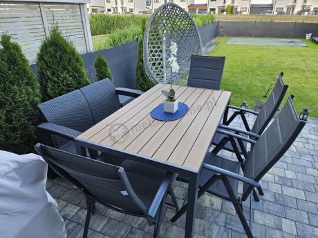 Aluminiowe meble obiadowe - stół 150cm i 6 składanych krzeseł - Kanbery Wood Antracite 6+1