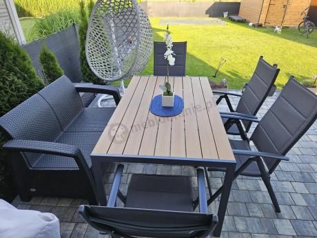 Aluminiowe meble obiadowe - stół 150cm i 6 składanych krzeseł - Kanbery Wood Antracite 6+1