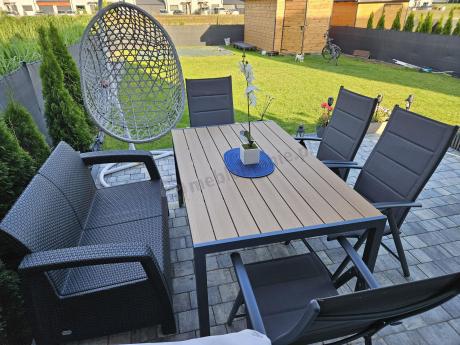 Aluminiowe meble obiadowe - stół 150cm i 6 składanych krzeseł - Kanbery Wood Antracite 6+1