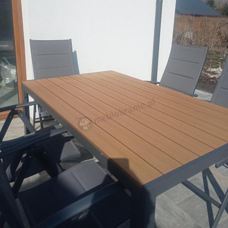 Aluminiowe meble obiadowe - stół 150cm i 6 składanych krzeseł - Kanbery Wood Antracite 6+1