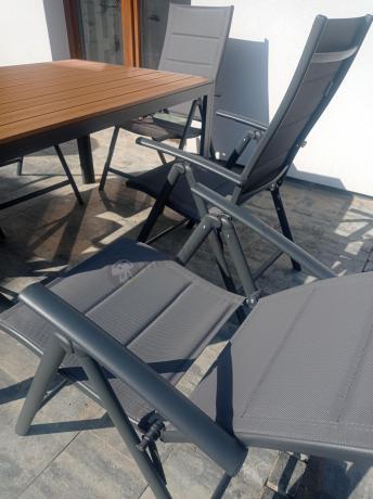 Aluminiowe meble obiadowe - stół 150cm i 6 składanych krzeseł - Kanbery Wood Antracite 6+1