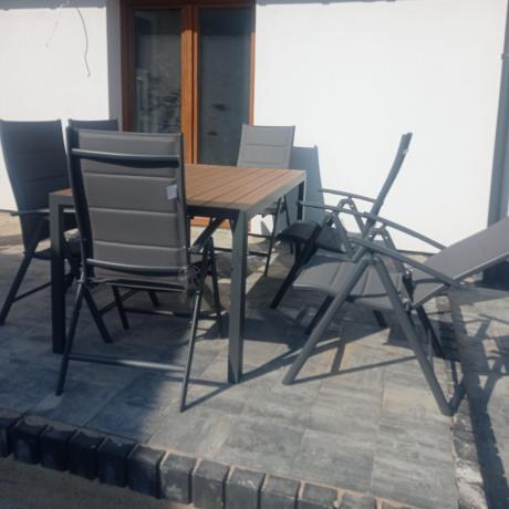 Aluminiowe meble obiadowe - stół 150cm i 6 składanych krzeseł - Kanbery Wood Antracite 6+1