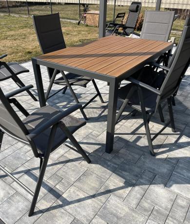 Aluminiowe meble obiadowe - stół 150cm i 6 składanych krzeseł - Kanbery Wood Antracite 6+1