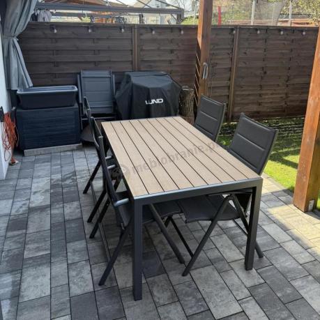 Aluminiowe meble obiadowe - stół 150cm i 6 składanych krzeseł - Kanbery Wood Antracite 6+1